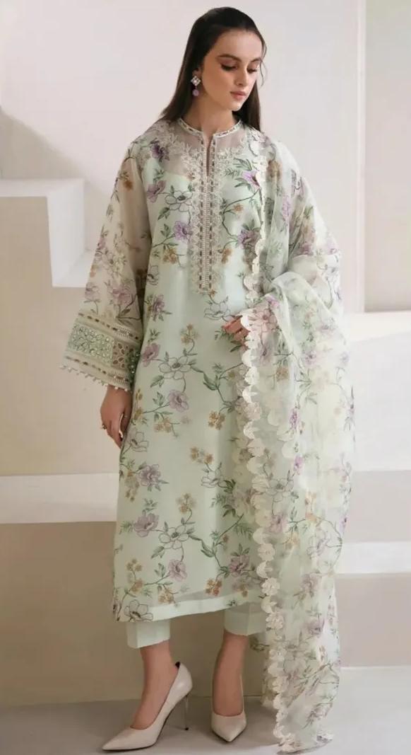 Mint Whisper 3-Piece Floral Organza Luxury Ensemble