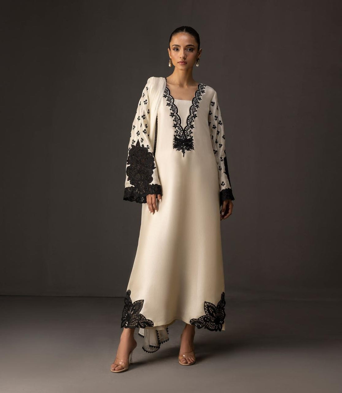 Elegant Black & White Embroidered Shamoze Silk Dress Luxury Formal Wear 2025