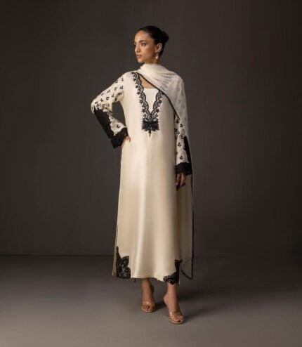 Elegant Black & White Embroidered Shamoze Silk Dress Luxury Formal Wear 2025
