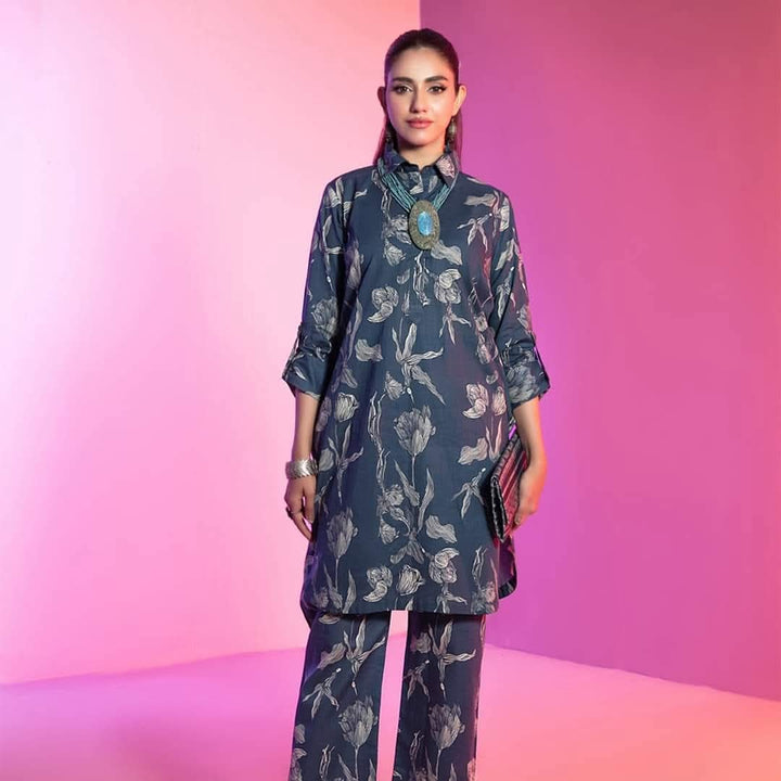 Women's Blue Floral Printed Kurta & Trouser Co-Ord Set