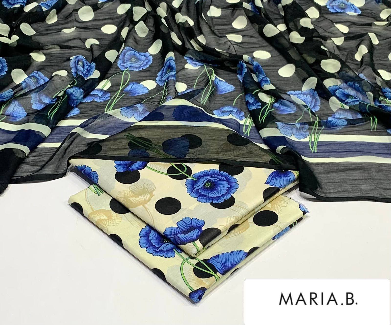 Maria B Inspired Printed Chiffon 3-Piece Suit – Elegant Floral Design
