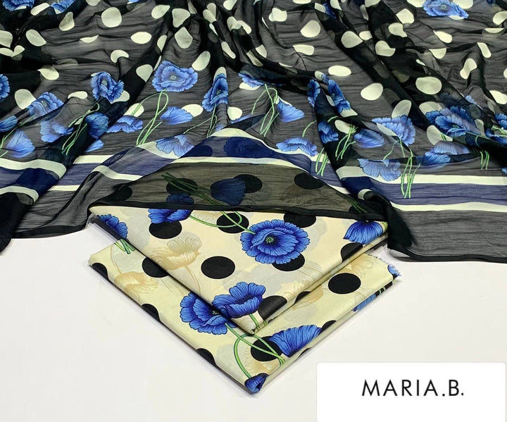 Maria B Inspired Printed Chiffon 3-Piece Suit – Elegant Floral Design