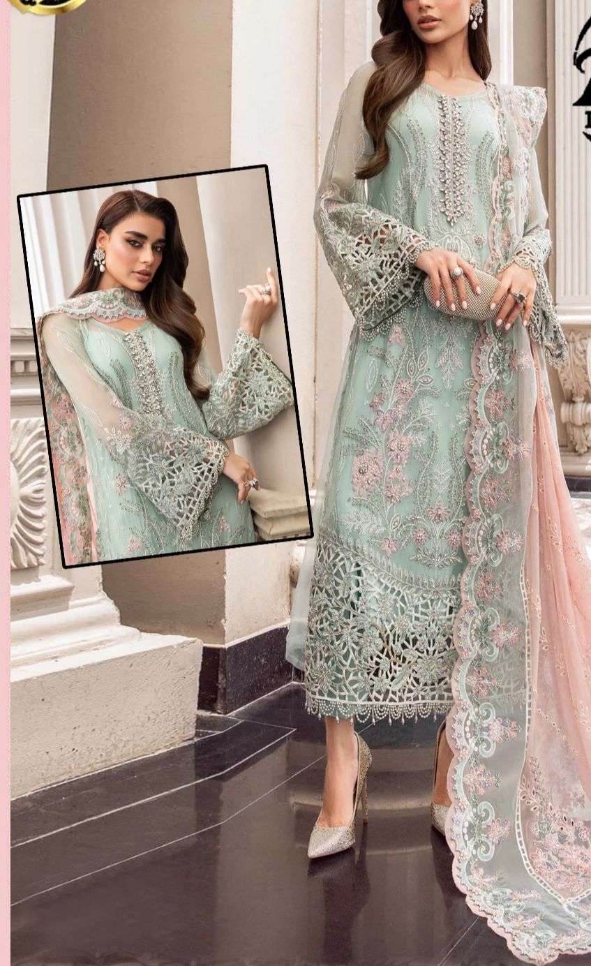 Luxury Chiffon Embroidered Suit with Organza Dupatta & Silk Trouser