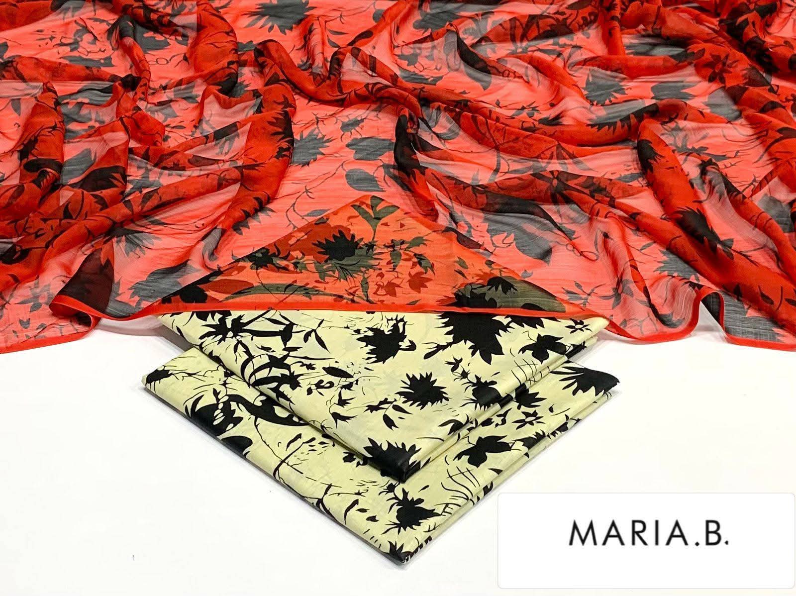 Maria B Inspired Printed Chiffon 3-Piece Suit – Elegant Floral Design