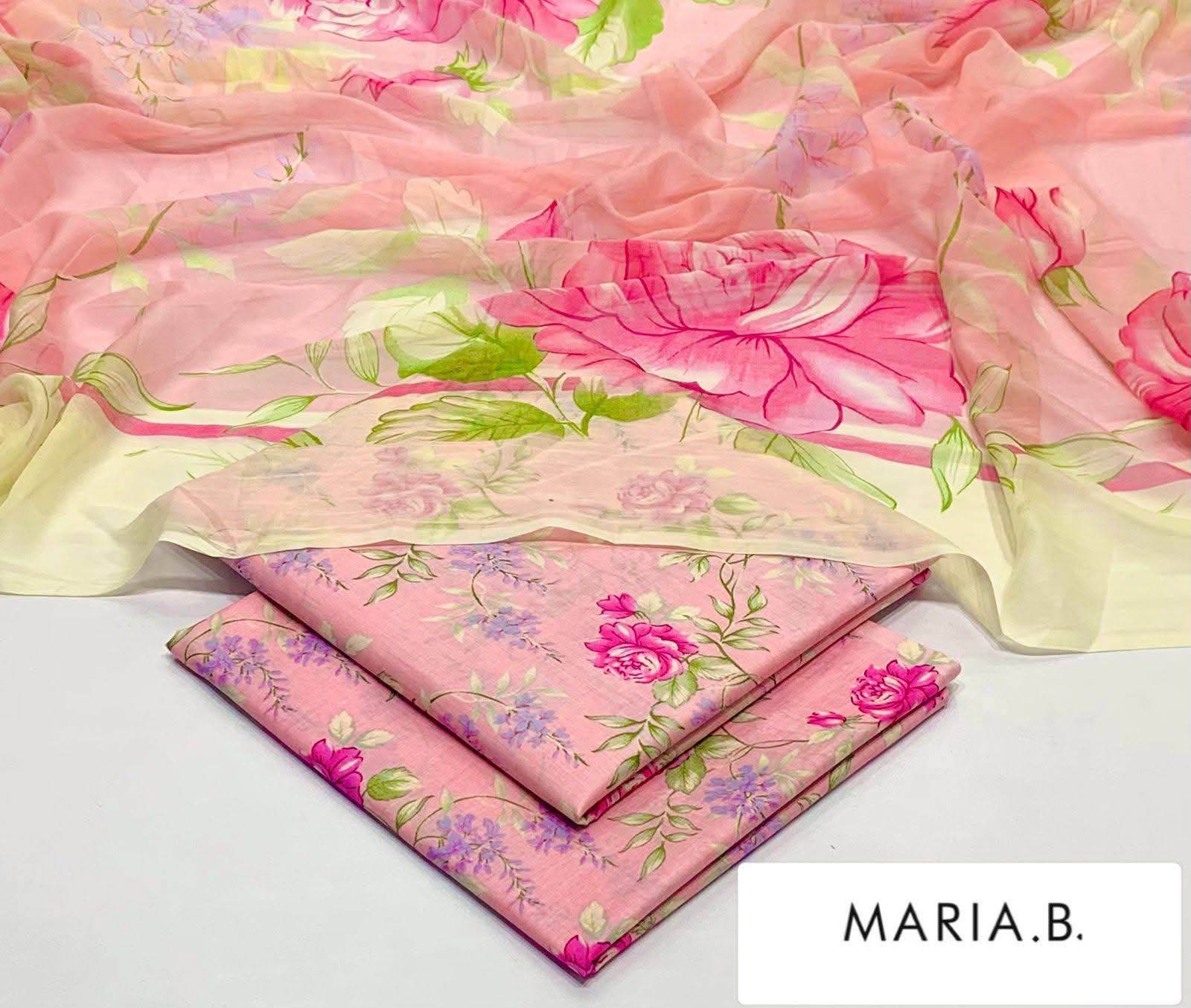 Maria B Inspired Printed Chiffon 3-Piece Suit – Elegant Floral Design