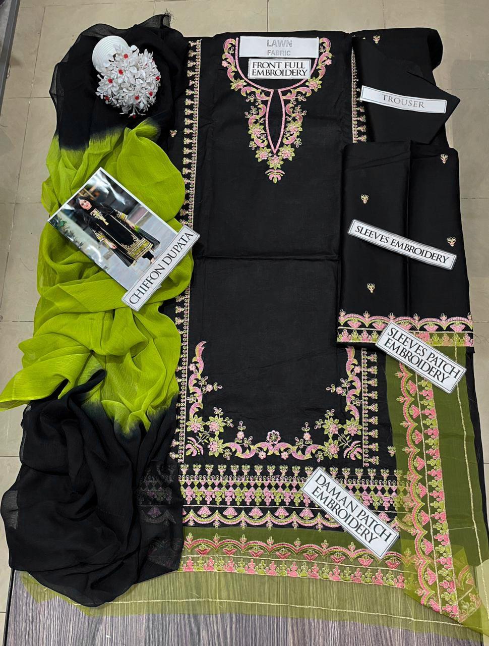 Black Embroidered Lawn Suit with Contrast Dupatta & Dyed Trouser