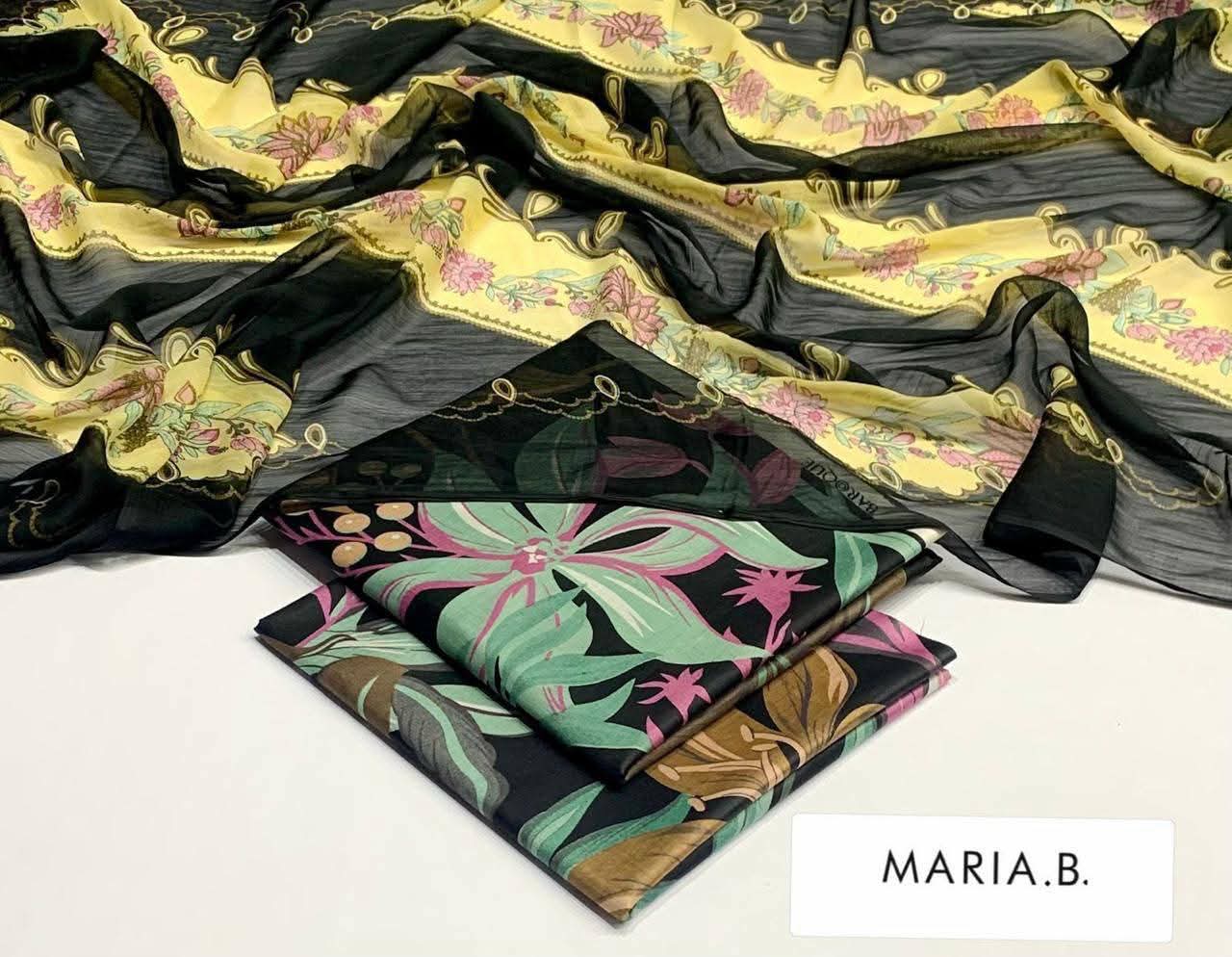 Maria B Inspired Printed Chiffon 3-Piece Suit – Elegant Floral Design