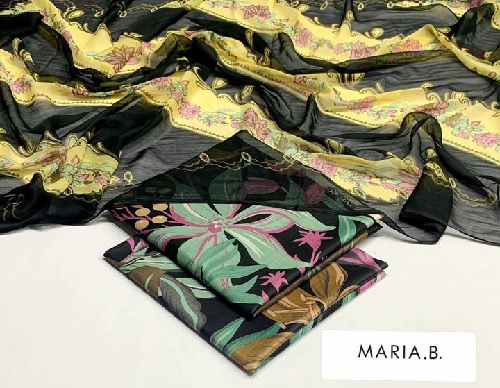 Maria B Inspired Printed Chiffon 3-Piece Suit – Elegant Floral Design