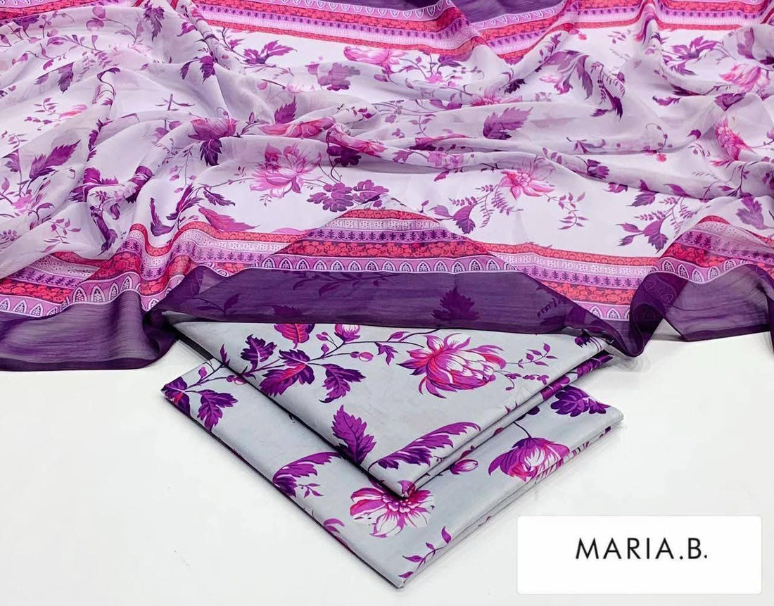 Maria B Inspired Printed Chiffon 3-Piece Suit – Elegant Floral Design