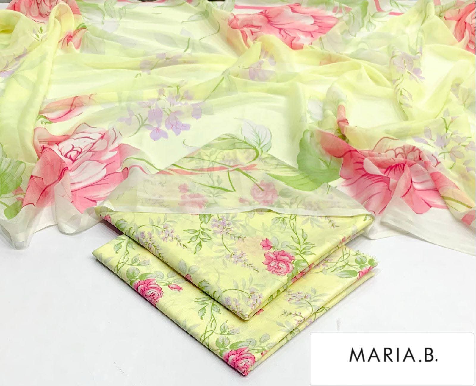 Maria B Inspired Printed Chiffon 3-Piece Suit – Elegant Floral Design