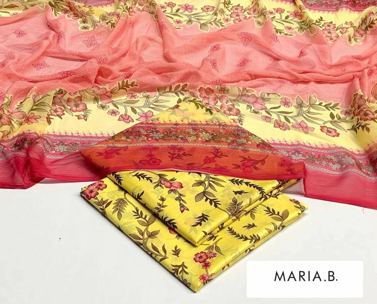 Maria B Inspired Printed Chiffon 3-Piece Suit – Elegant Floral Design
