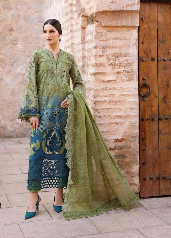 Olive & Prussian Blue Ombré 3-Piece Luxury Schiffli Ensemble