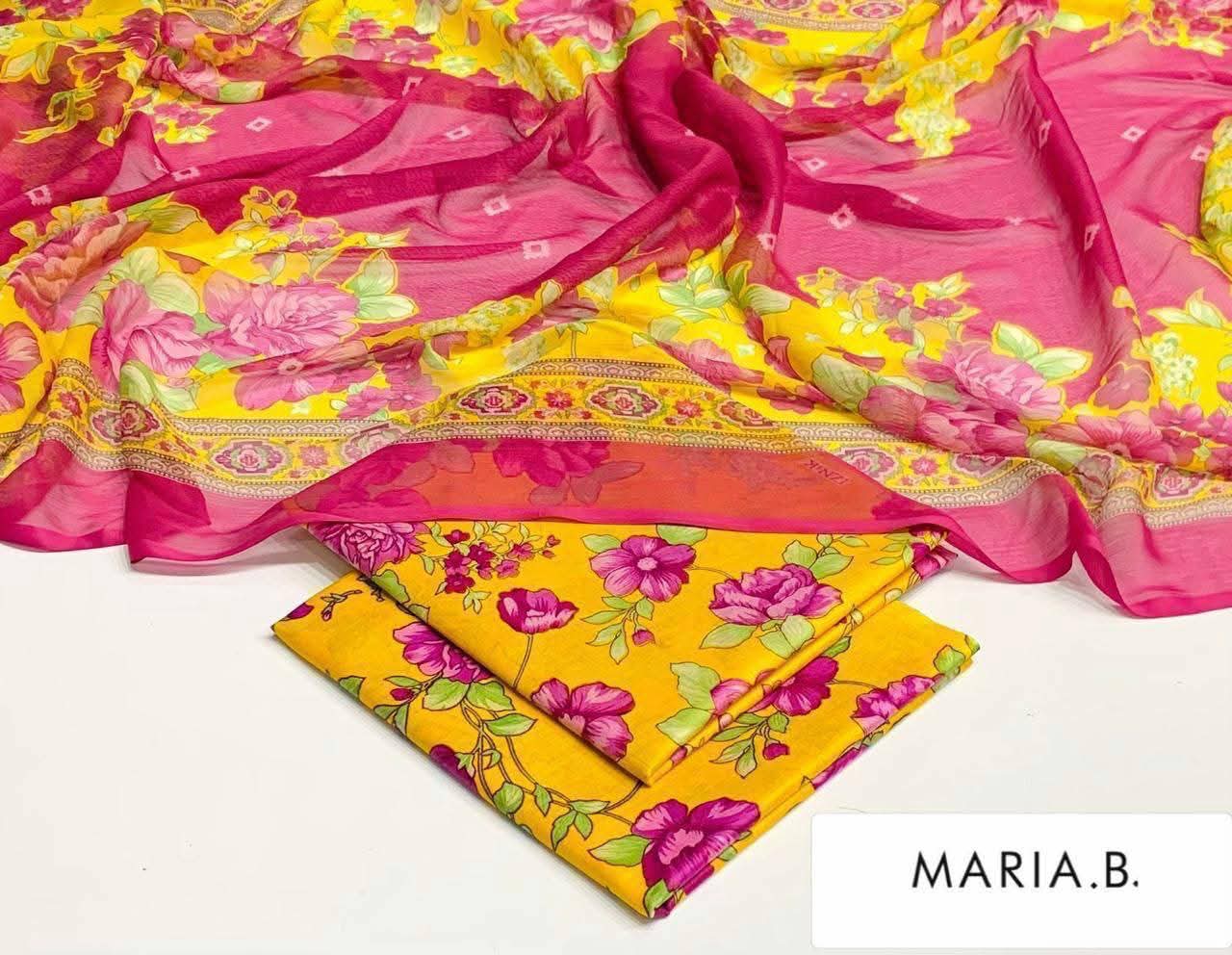 Maria B Inspired Printed Chiffon 3-Piece Suit – Elegant Floral Design