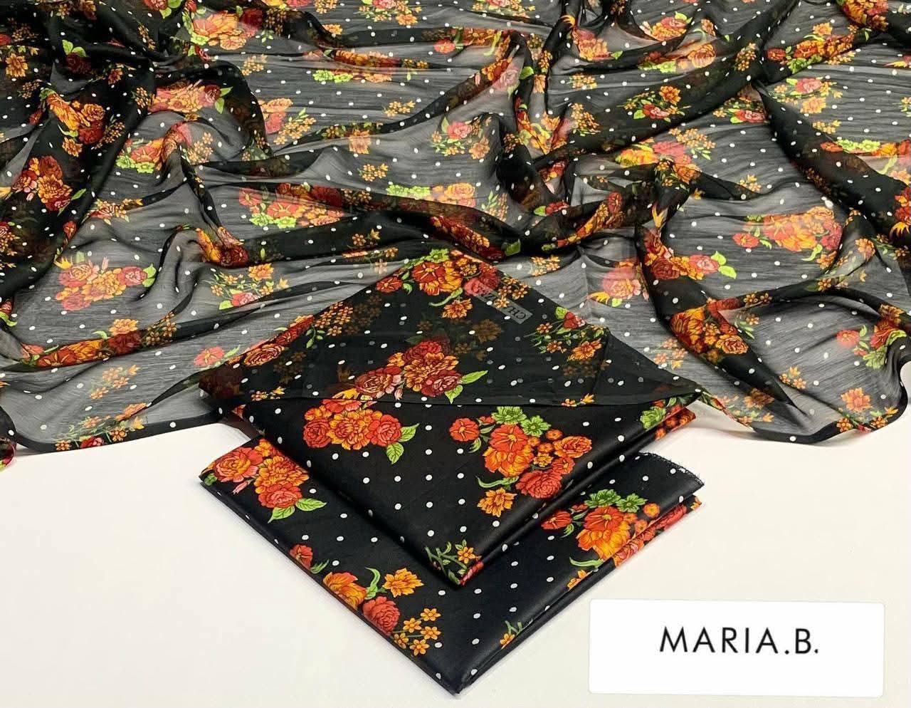 Maria B Inspired Printed Chiffon 3-Piece Suit – Elegant Floral Design