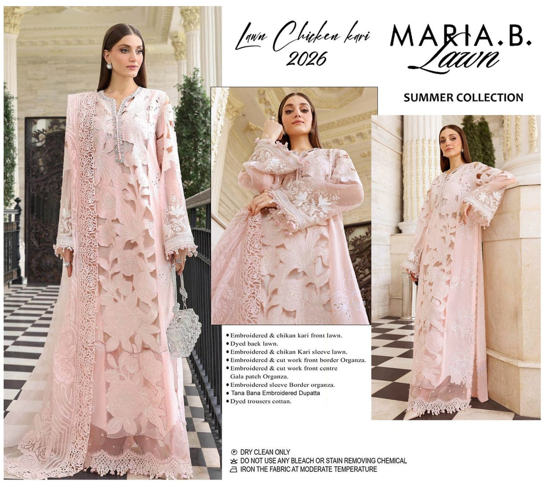 Luxury Chikankari Embroidered Lawn 3 Piece Suit – Blush Pink