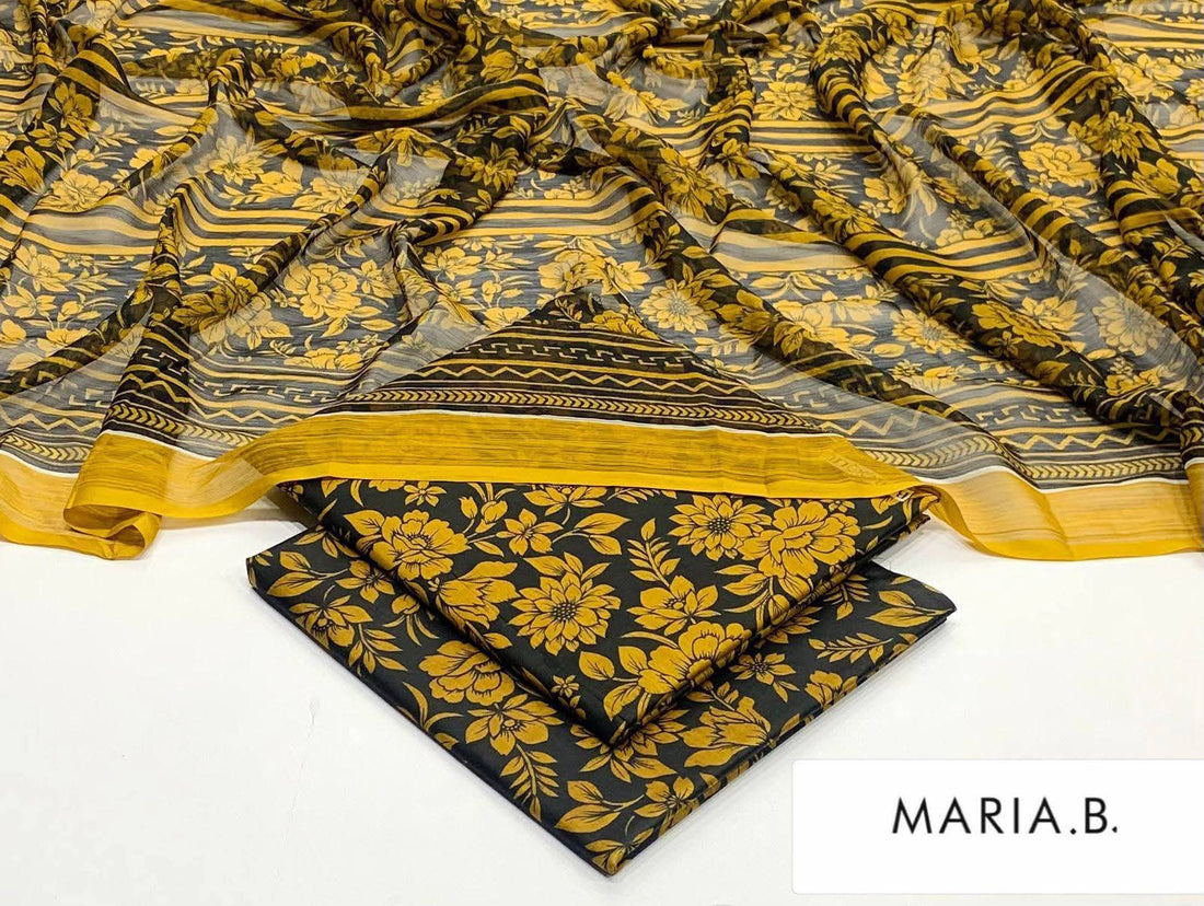 Maria B Inspired Printed Chiffon 3-Piece Suit – Elegant Floral Design
