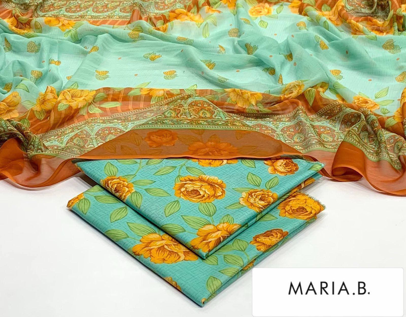 Maria B Inspired Printed Chiffon 3-Piece Suit – Elegant Floral Design