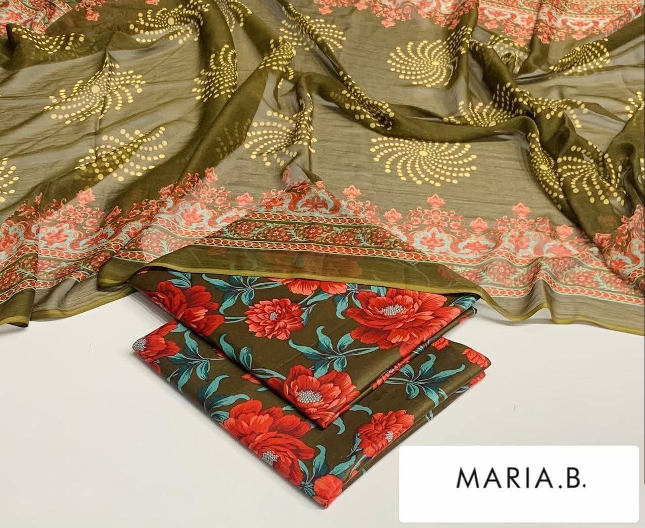 Maria B Inspired Printed Chiffon 3-Piece Suit – Elegant Floral Design
