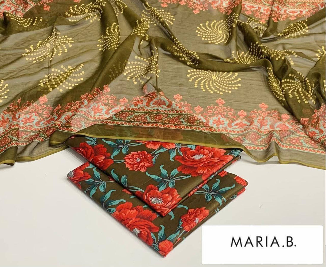 Maria B Inspired Printed Chiffon 3-Piece Suit – Elegant Floral Design