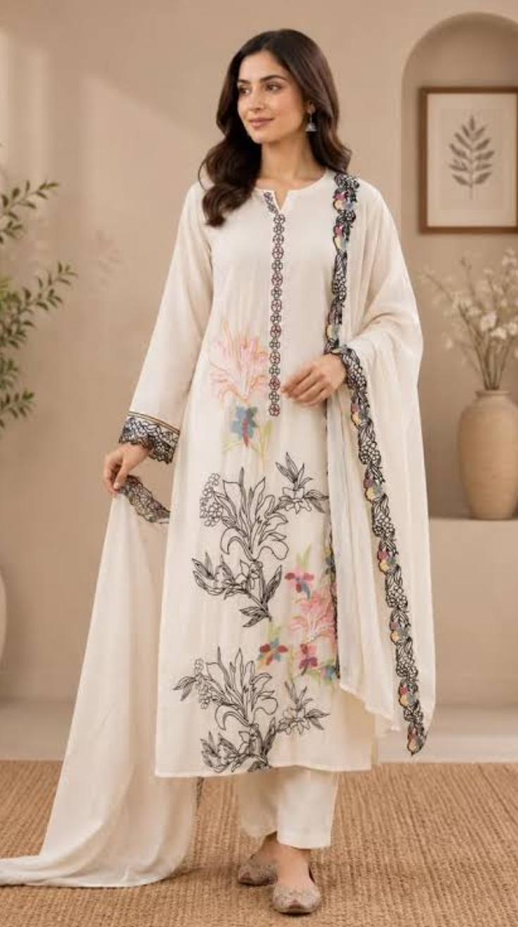 Ethereal Ivory 3-Piece Embroidered Lawn Suit with Floral Details