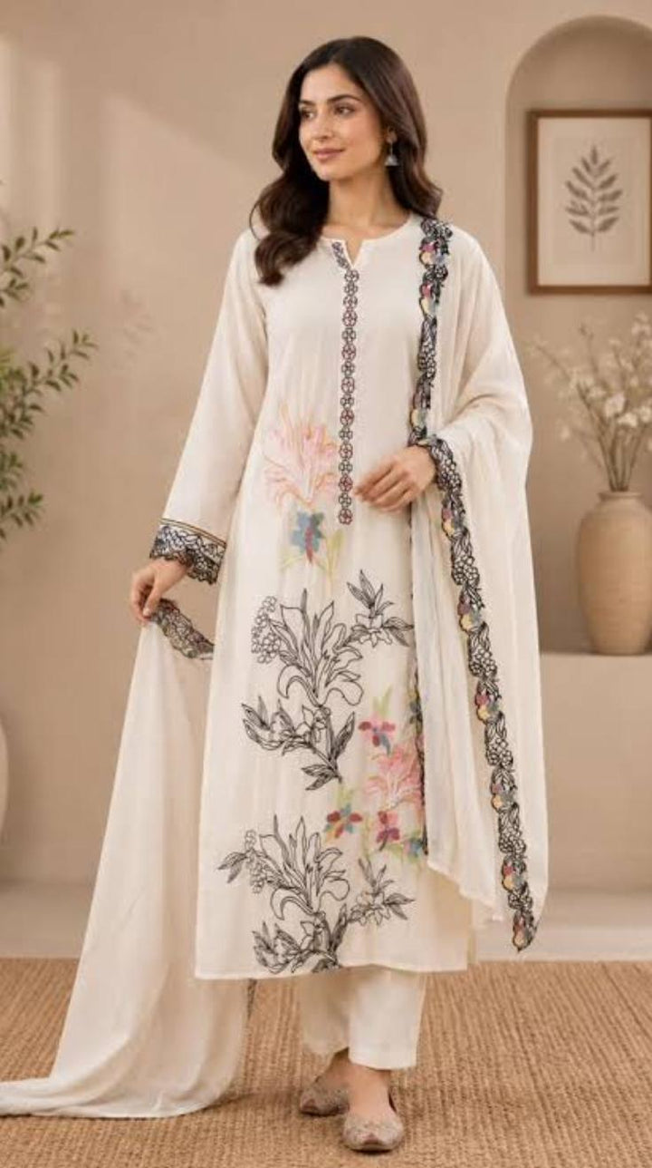Ethereal Ivory 3-Piece Embroidered Lawn Suit with Floral Details