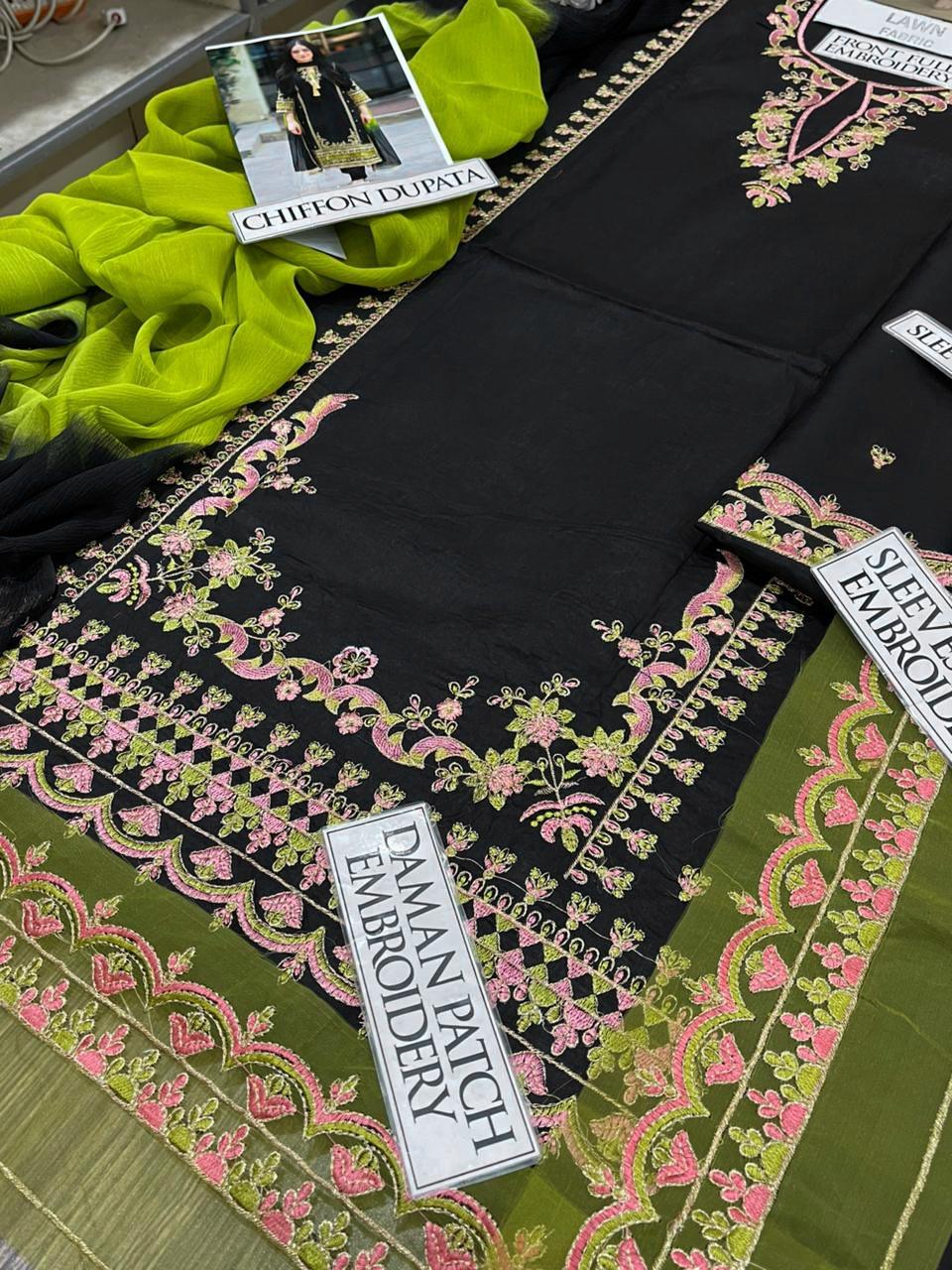 Black Embroidered Lawn Suit with Contrast Dupatta & Dyed Trouser