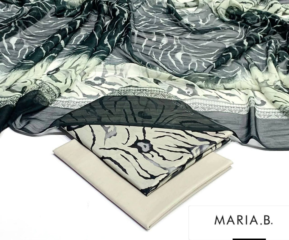 Maria B Inspired Printed Chiffon 3-Piece Suit – Elegant Floral Design