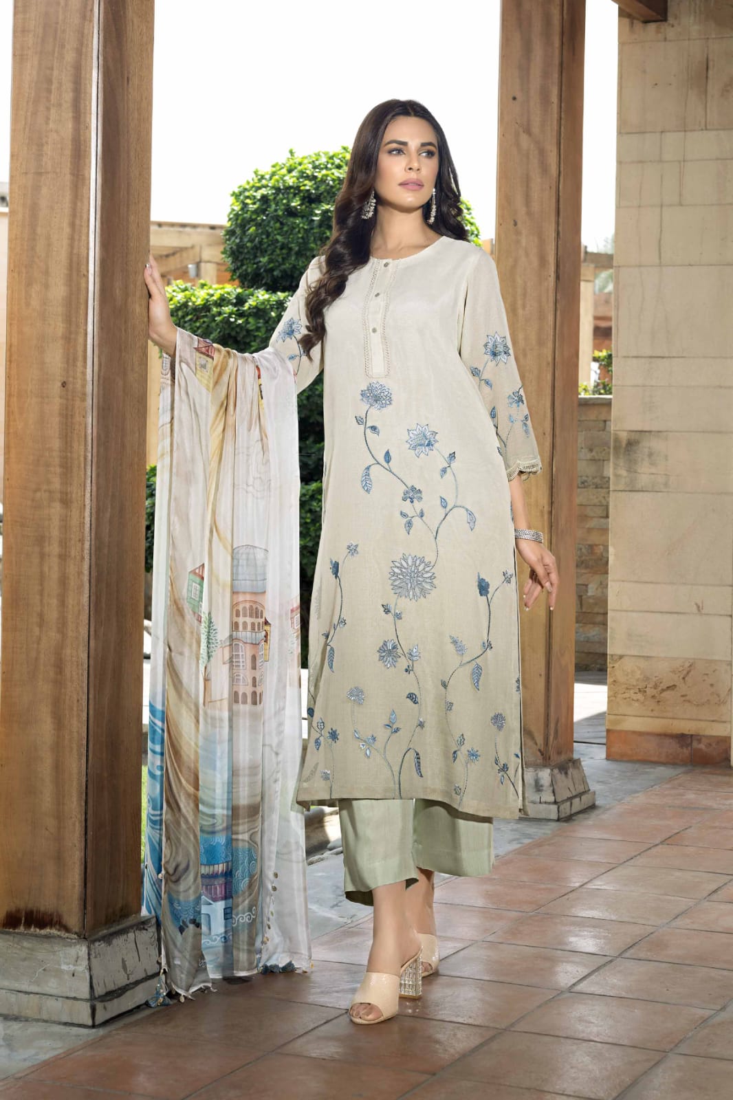 Oatmeal & Dusty Blue 3-Piece Floral Embroidered Suit with Scenic Silk Dupatta