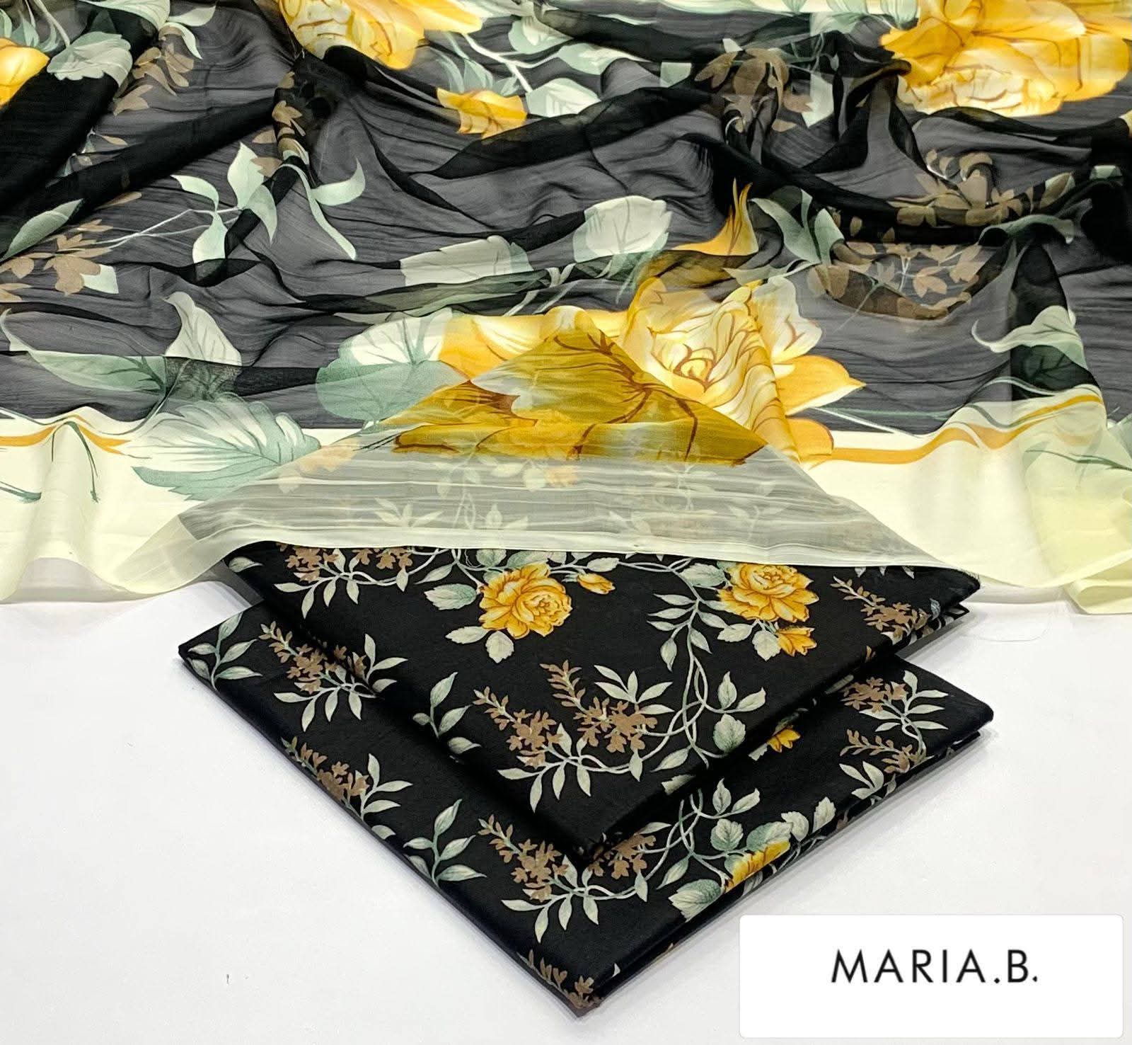 Maria B Inspired Printed Chiffon 3-Piece Suit – Elegant Floral Design