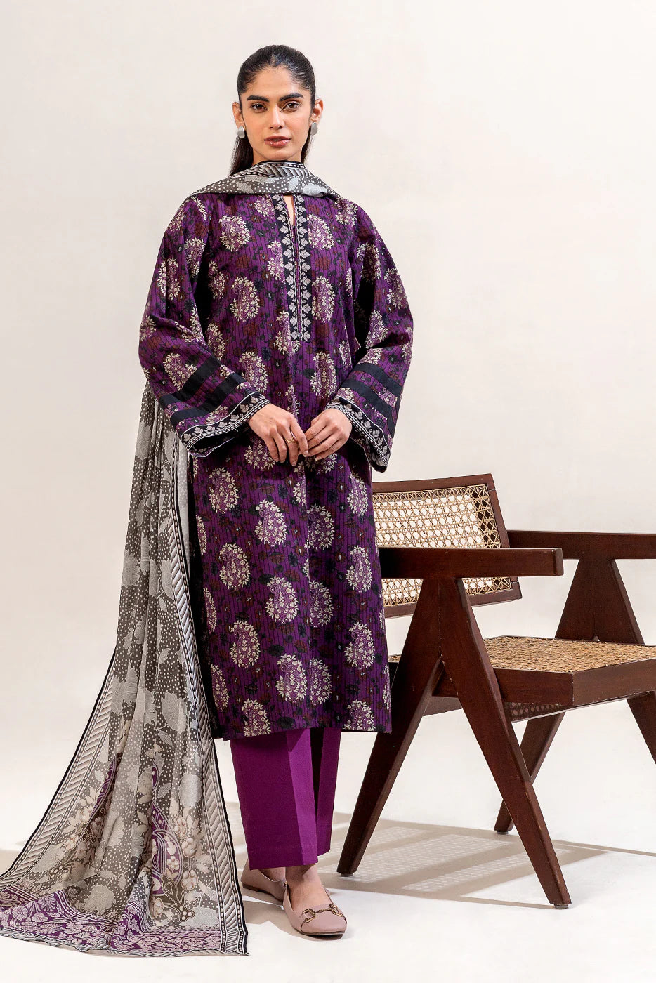 Plum Printed Lawn 3 Piece Suit