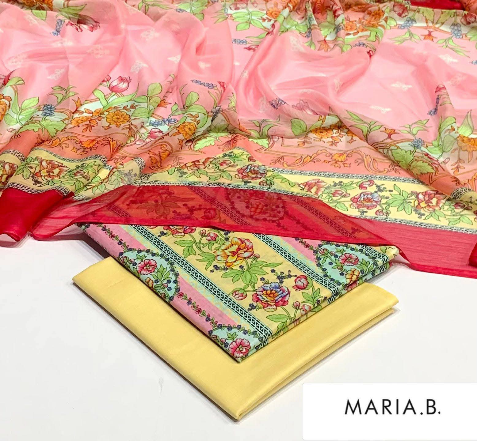 Maria B Inspired Printed Chiffon 3-Piece Suit – Elegant Floral Design