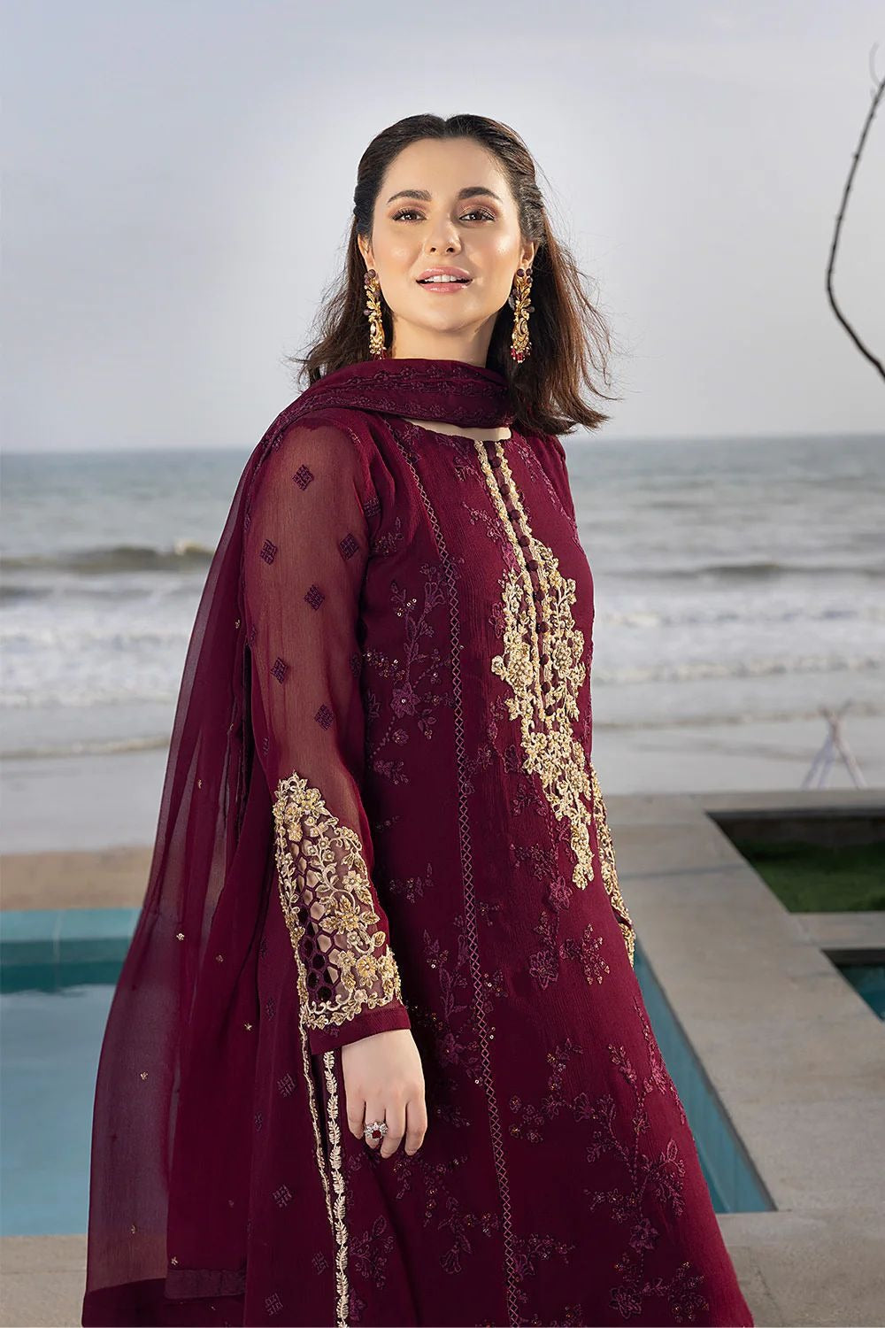 Chiffon Embroidered Luxury Unstitced 3pc With Malai Trouser & Chiffon Dupatta