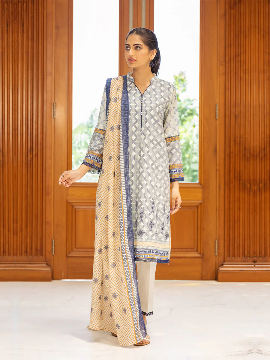 Grey & Mustard Printed Lawn 3 Piece Suit