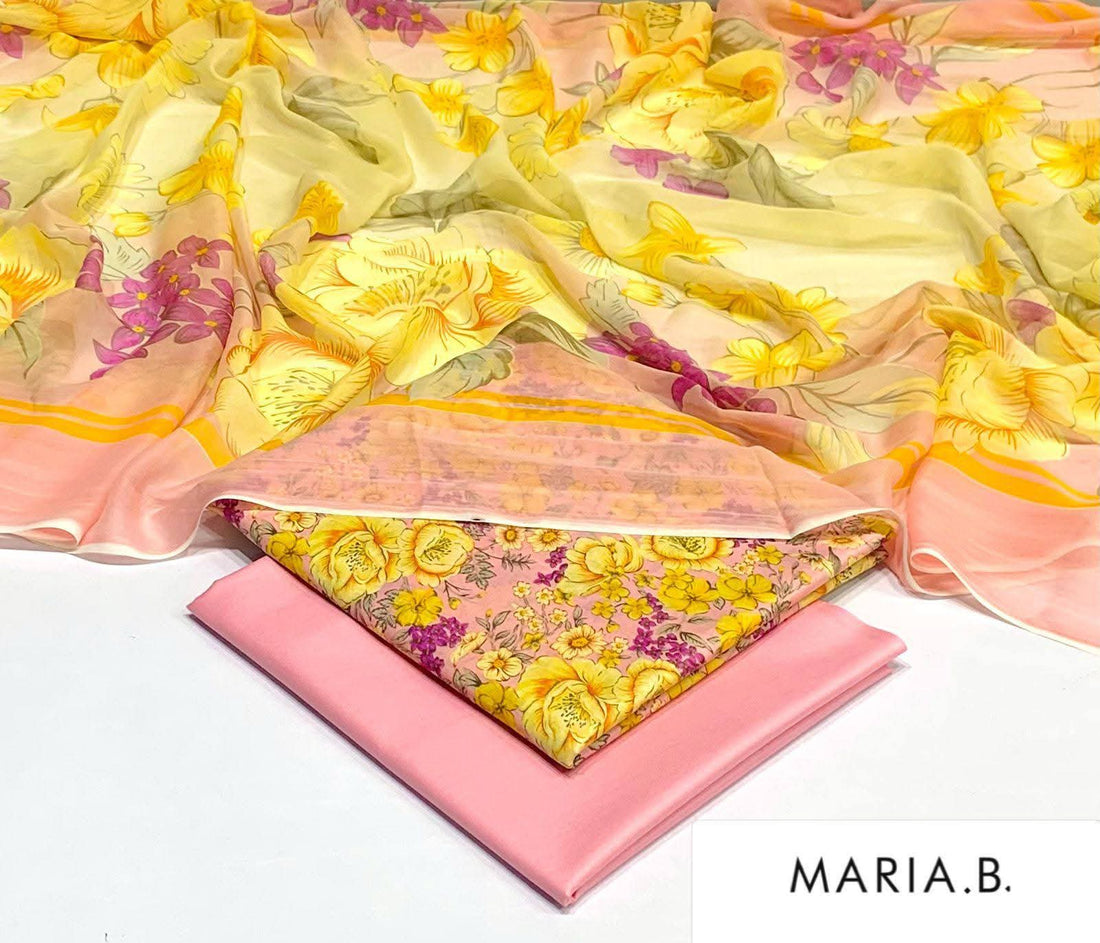 Maria B Inspired Printed Chiffon 3-Piece Suit – Elegant Floral Design