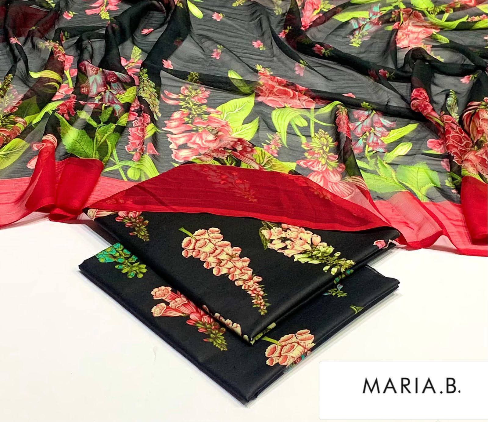 Maria B Inspired Printed Chiffon 3-Piece Suit – Elegant Floral Design