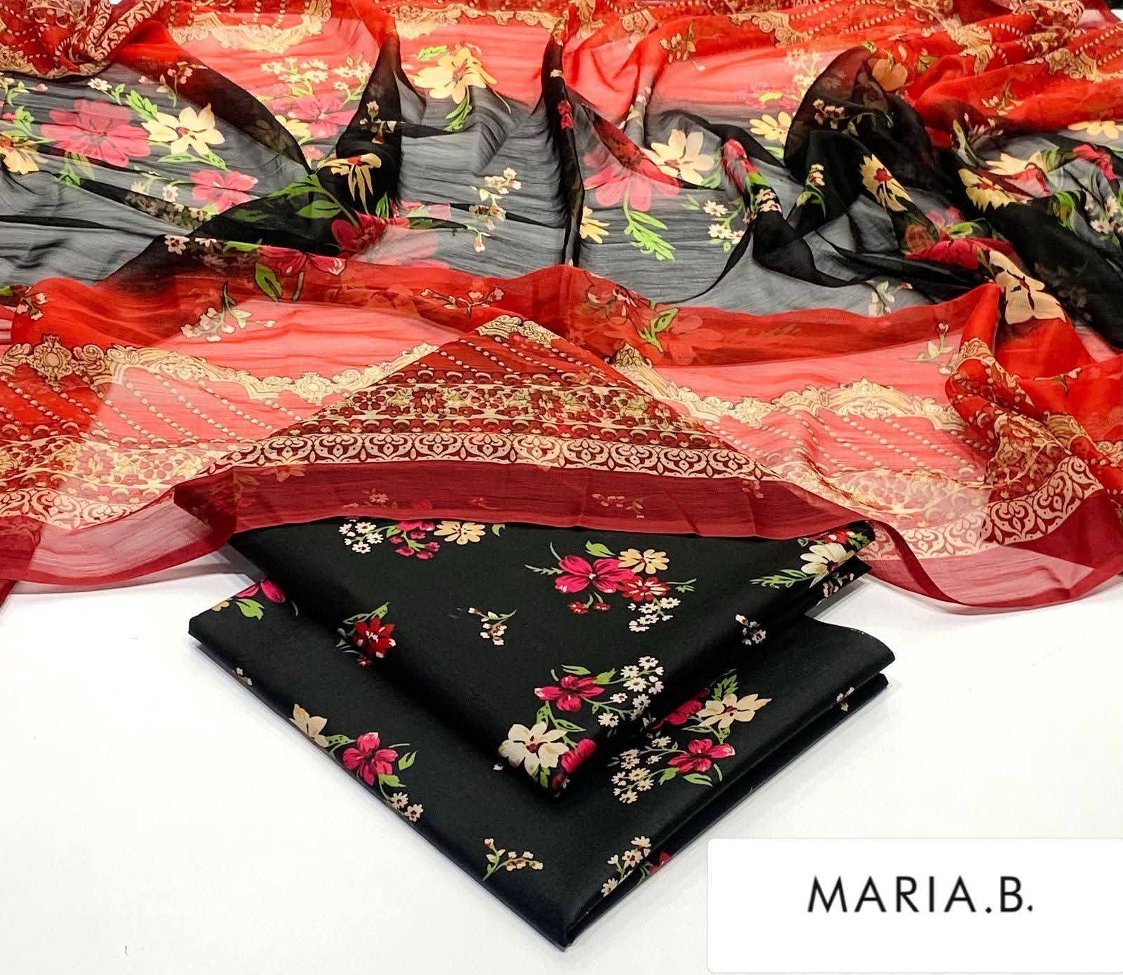 Maria B Inspired Printed Chiffon 3-Piece Suit – Elegant Floral Design