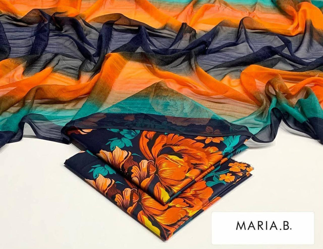 Maria B Inspired Printed Chiffon 3-Piece Suit – Elegant Floral Design