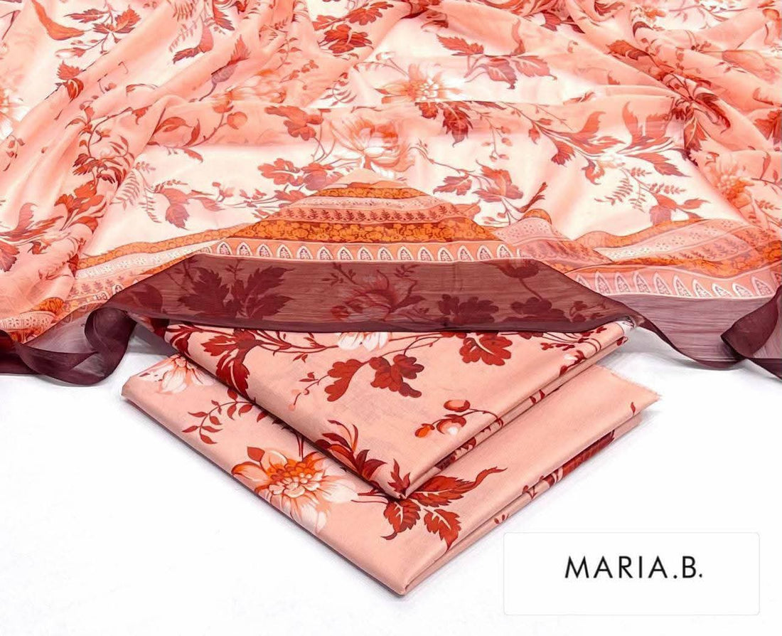 Maria B Inspired Printed Chiffon 3-Piece Suit – Elegant Floral Design