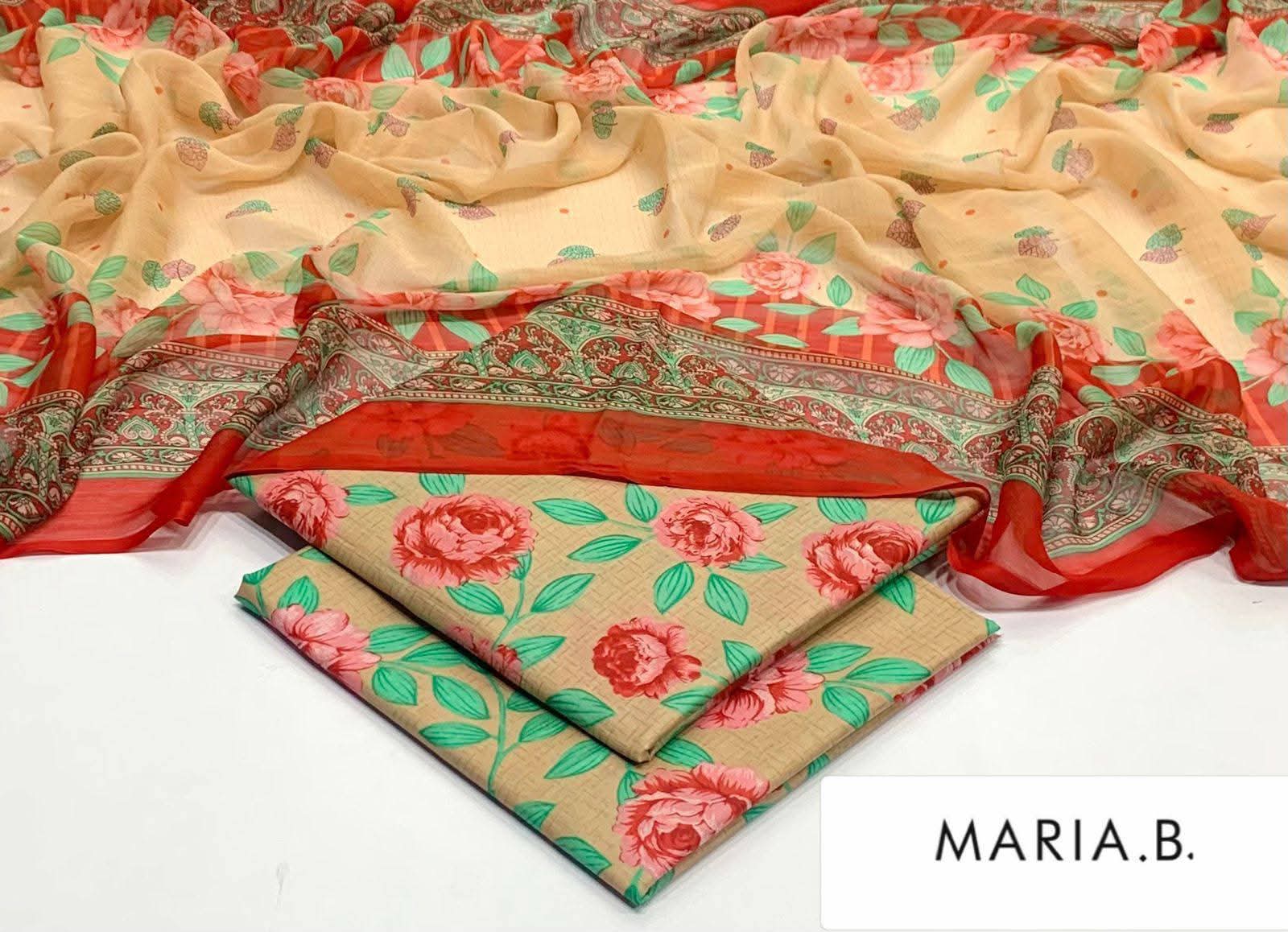 Maria B Inspired Printed Chiffon 3-Piece Suit – Elegant Floral Design