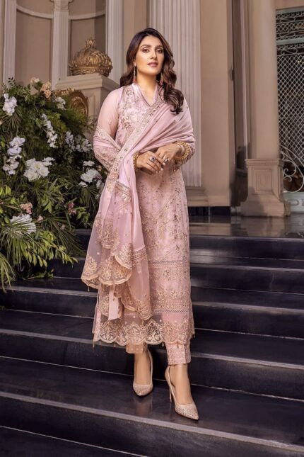 Dusty Pink Embroidered Chiffon Dress Pakistani Formal Wear for Women