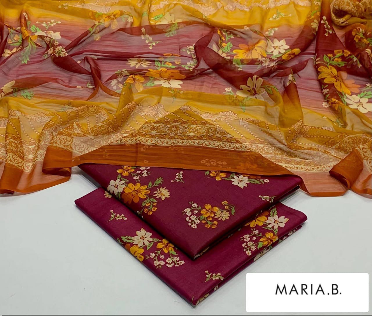 Maria B Inspired Printed Chiffon 3-Piece Suit – Elegant Floral Design