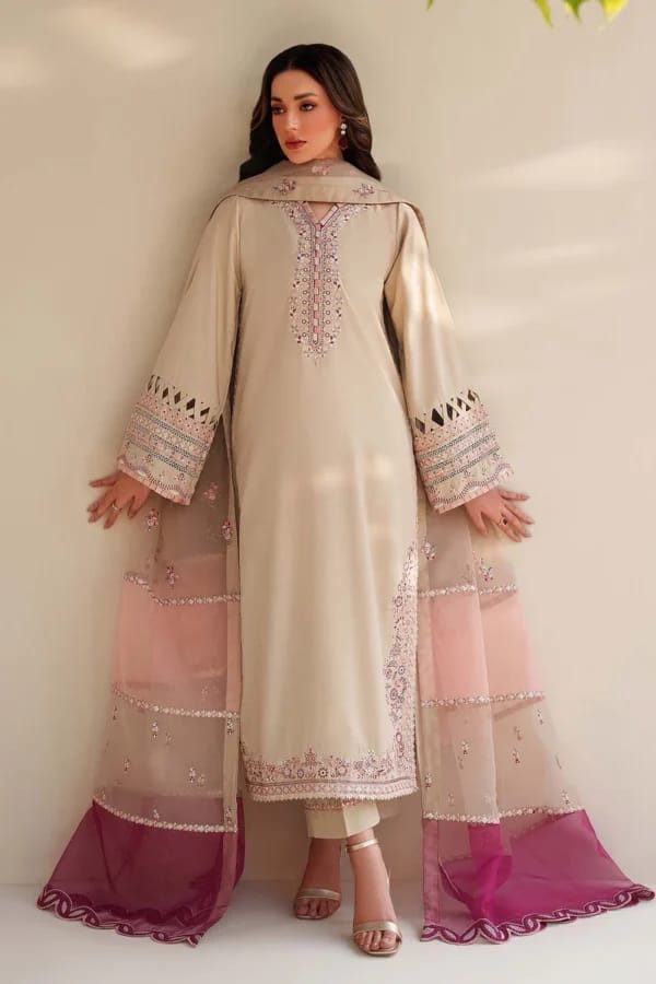 Sand Dune 3-Piece Luxury Embroidered Suit with Tri-Color Organza Dupatta