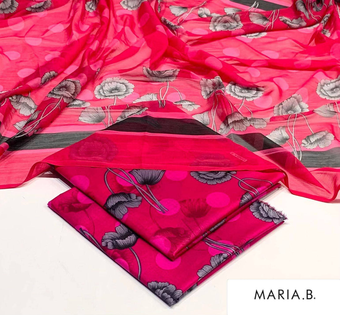 Maria B Inspired Printed Chiffon 3-Piece Suit – Elegant Floral Design