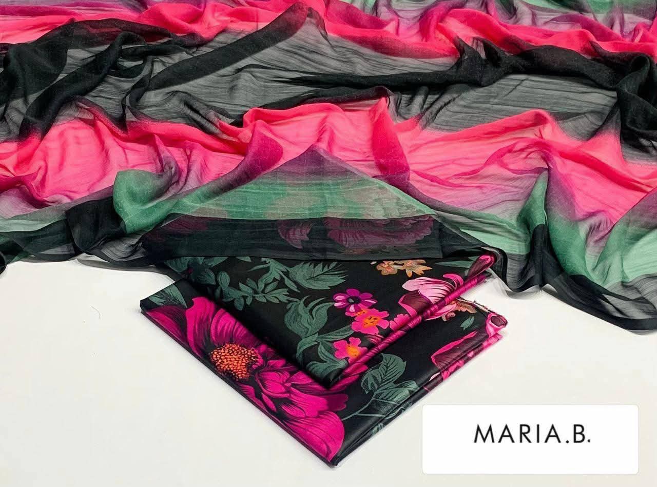 Maria B Inspired Printed Chiffon 3-Piece Suit – Elegant Floral Design