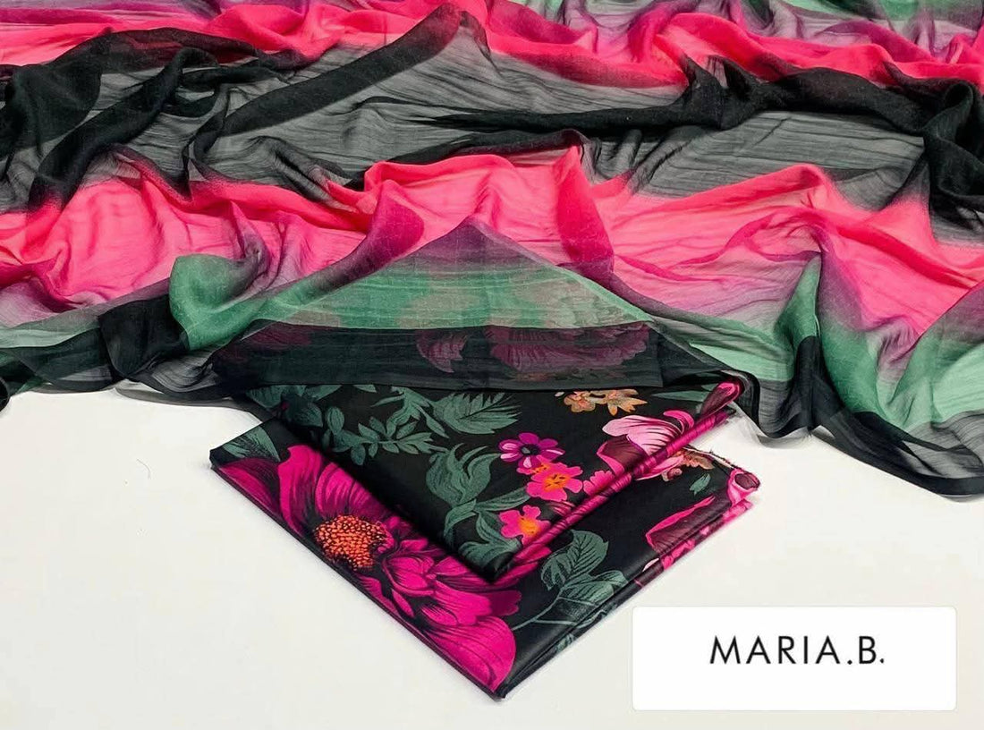 Maria B Inspired Printed Chiffon 3-Piece Suit – Elegant Floral Design