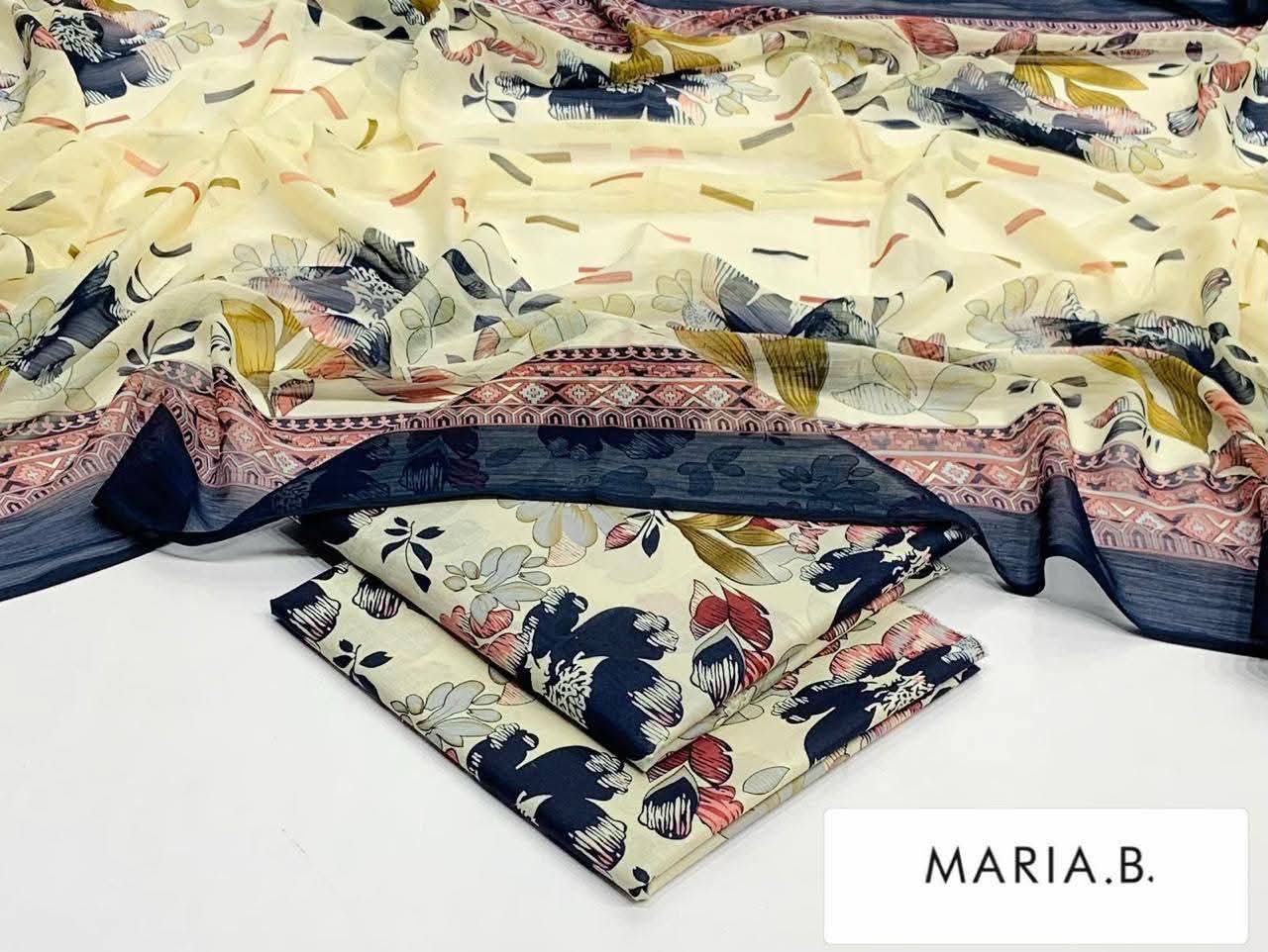 Maria B Inspired Printed Chiffon 3-Piece Suit – Elegant Floral Design