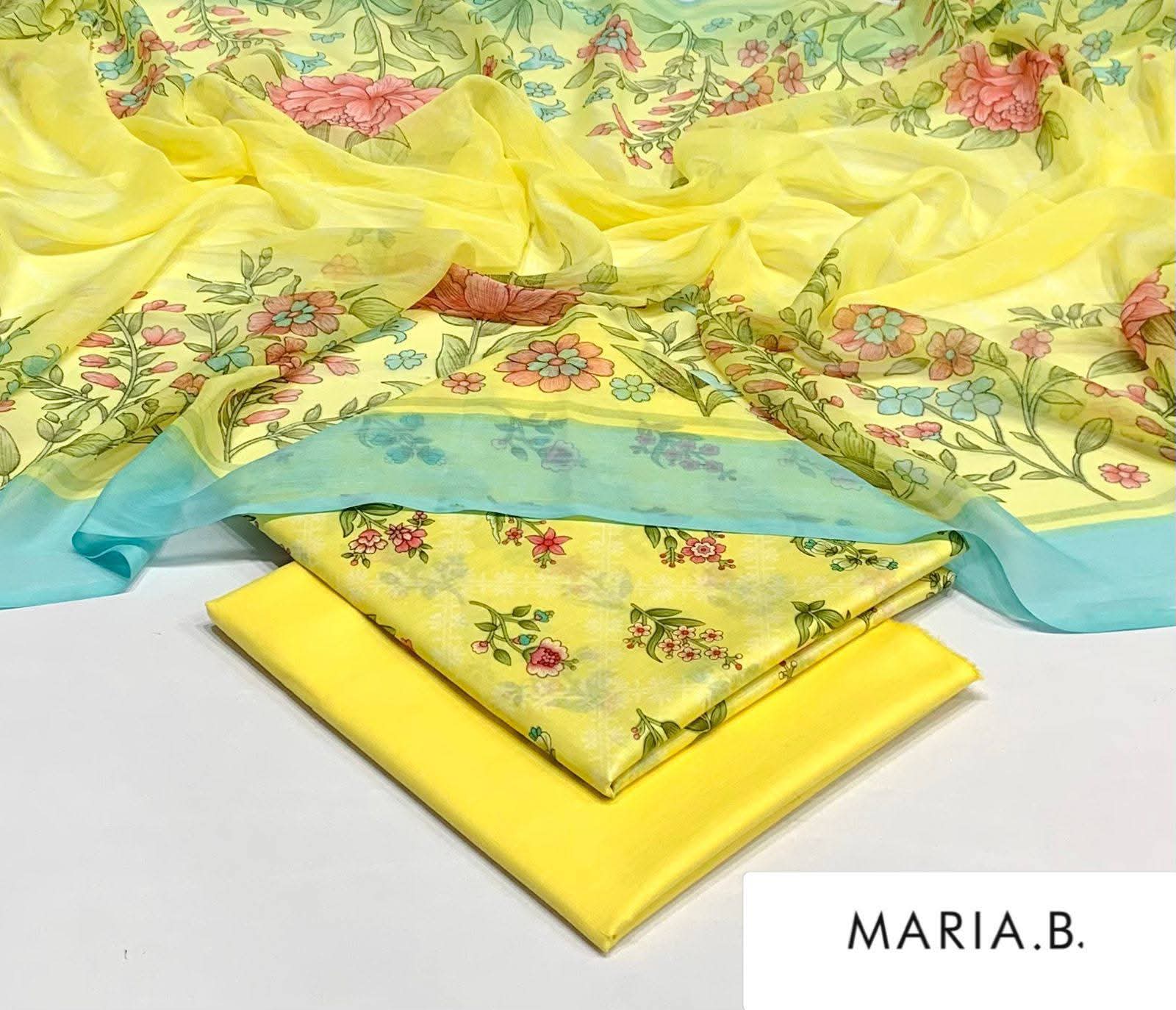 Maria B Inspired Printed Chiffon 3-Piece Suit – Elegant Floral Design