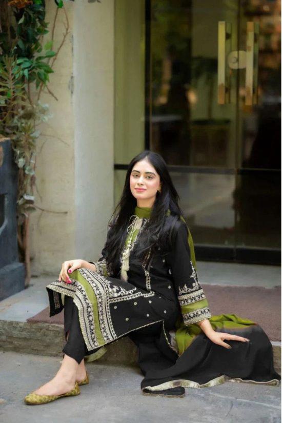 Black Embroidered Lawn Suit with Contrast Dupatta & Dyed Trouser