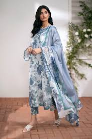 Sky Blue Floral Printed Lawn 3 Piece Suit